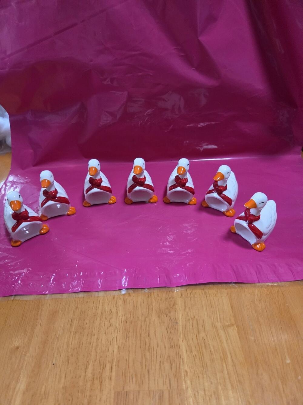 Vintage Geese Ducks Napkin Rings With Red Ribbon on Neck Set of 7